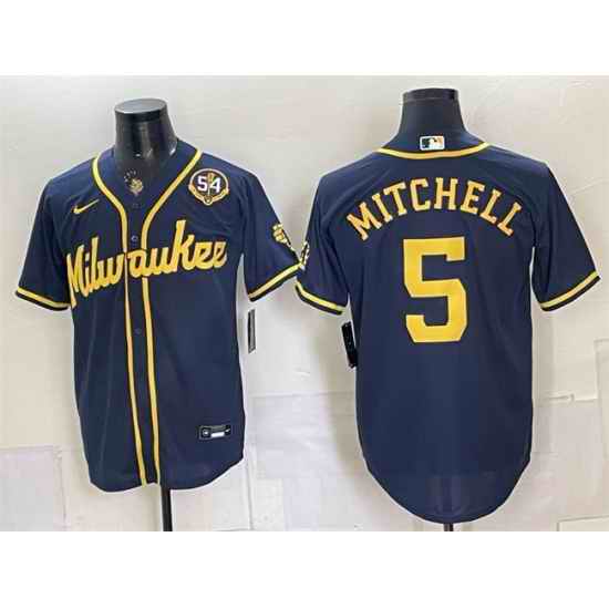 Men Milwaukee Brewers  5 Garrett Mitchell Navy With Home   Bob Uecker Patch Limited Stitched Baseball Jersey