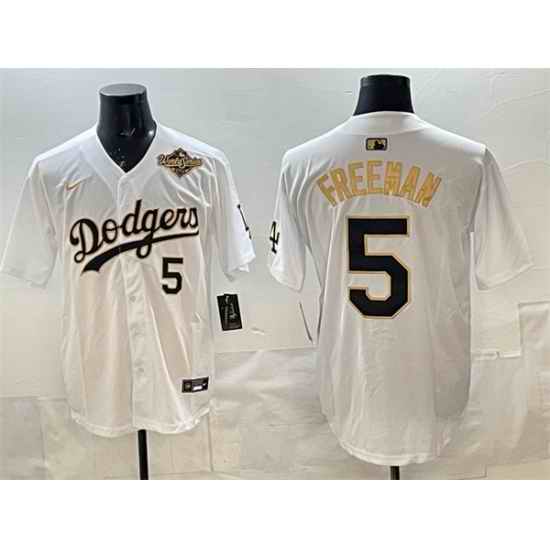 Men Los Angeles Dodgers 5 Freddie Freeman White Gold 2025 World Series Limited Stitched Baseball Jersey