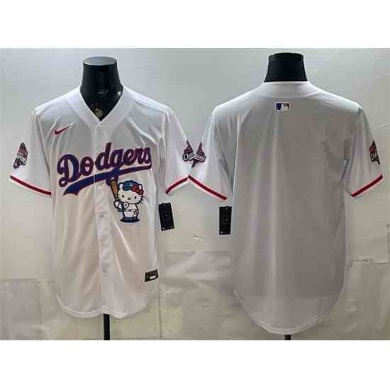 Men Los Angeles Dodgers Blank White Hello Kitty Night 2025 World Series Champions Patch Stitched Baseball Jersey