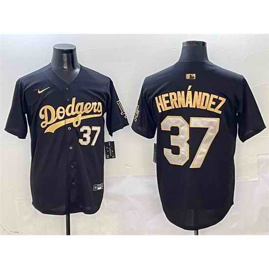 Men Los Angeles Dodgers 37 Teoscar Hernandez Black Gold Limited Stitched Baseball Jersey