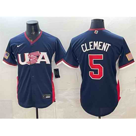 Men USA Baseball  5 Ernie Clement Navy 2026 World Baseball Classic Road Stadium Stitched Jersey