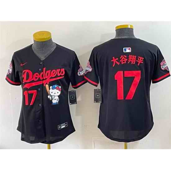 Women Los Angeles Dodgers  17 Shohei Ohtani Black Hello Kitty Night 2025 World Series Champions Patch Stitched Baseball Jersey