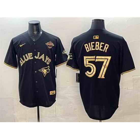 Men Toronto Blue Jays 57 Shane Bieber Black Gold 2025 American League Champions Limited Stitched Baseball Jersey