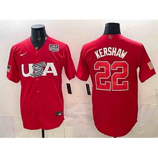 Men USA Baseball  22 Clayton Kershaw Red 2026 World Baseball Classic USA 250  Patch Stadium Stitched Jersey