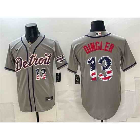Men Detroit Tigers 13 Dillon Dingler Grey 2026 USA 250 Fourth of July Stitched Baseball Jersey