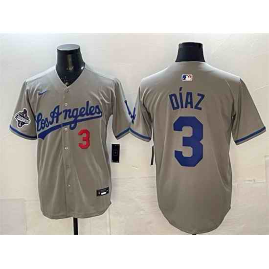 Men Los Angeles Dodgers 3 Edwin D EDaz Grey With 2025 World Series Champions Patch Limited Stitched Baseball JerseyS