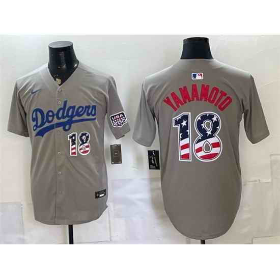 Men Los Angeles Dodgers  18 Yoshinobu Yamamoto Grey USA 250 Fourth of July Stitched Baseball Jersey