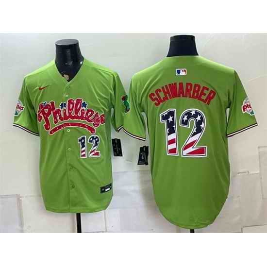 Men Philadelphia Phillies  12 Kyle Schwarber Green Phanatic USA 250 Fourth of July Stitched Baseball Jersey