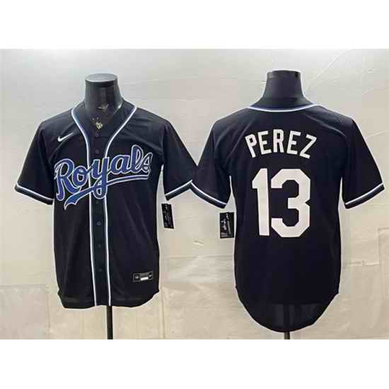 Men Kansas City Royals  13 Salvador Perez Black 2026 Fashion Replica Black Out Stitched Baseball Jersey