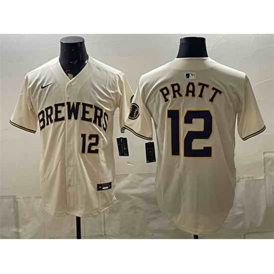 Men Milwaukee Brewers 12 Cooper Pratt Cream Stitched Baseball Jersey