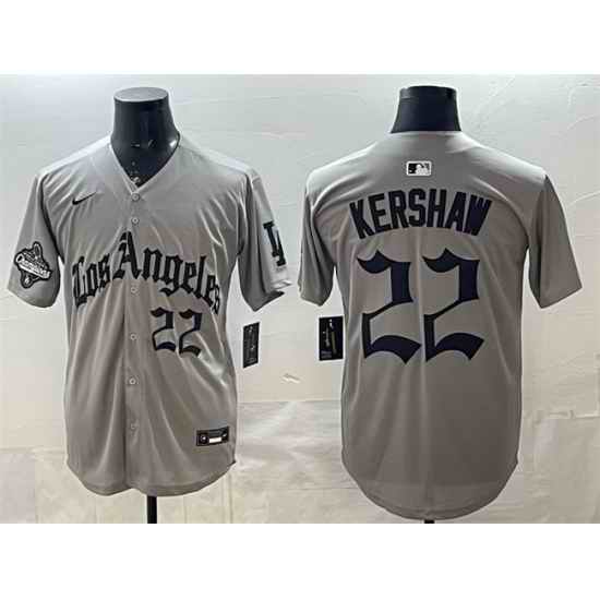 Men Los Angeles Dodgers 22 Clayton Kershaw Grey LA Gothic Style With 2025 World Series Champions Patch Limited Stitched Baseball Jersey