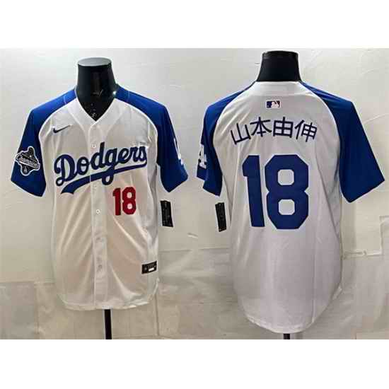 Men Los Angeles Dodgers 18  Yoshinobu Yamamoto White Royal 2025 World Series Champions Patch Limited Stitched Baseball Jersey