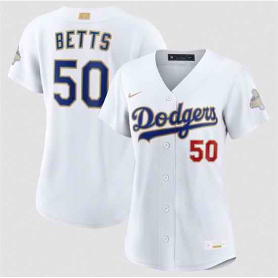 Women Los Angeles Dodgers  50 Mookie Betts White 2026 Gold Collection Stadium Stitched Baseball Jersey