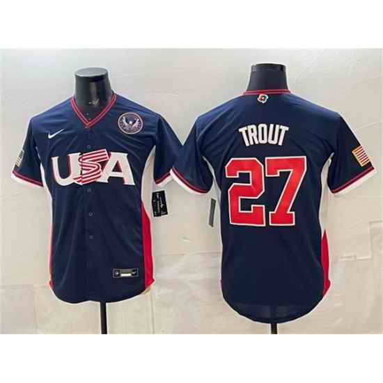 Men USA Baseball  27 Mike Trout Navy 2026 World Baseball Classic United States 250th Anniversary Patch Road Stadium Stitched Jersey