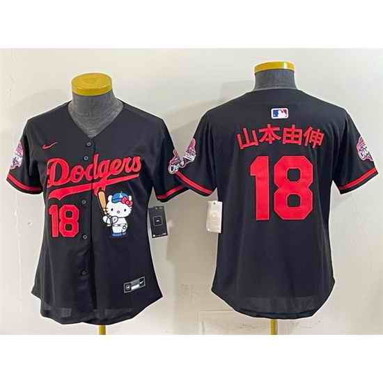 Women Los Angeles Dodgers  18 Yoshinobu Yamamoto Black Hello Kitty Night 2025 World Series Champions Patch Stitched Baseball Jersey