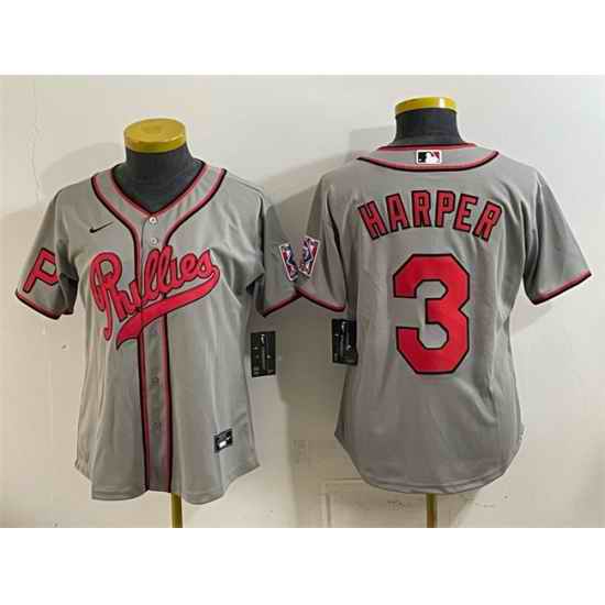 Women Philadelphia Phillies 3 Bryce Harper Gray 2026 Field of Dreams Stadium Stitched Baseball Jersey Run Small