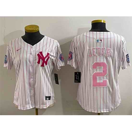 Women New York Yankees 2 Derek Jeter White Pink Pinstripe Limited Stitched Baseball Jersey