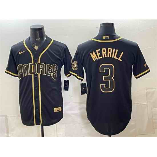 Men San Diego Padres  3 Jackson Merrill Black Gold With Patch Stitched Baseball Jersey