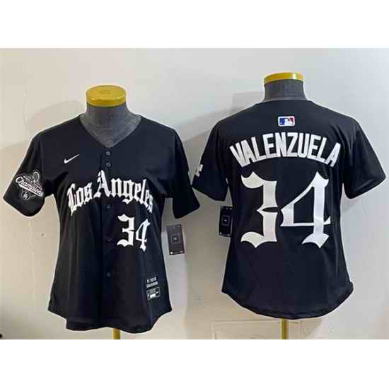 Women Los Angeles Dodgers 34 Fernando Valenzuela Black 2025 World Series Champions LA Gothic Edition Limited Stitched Baseball Jersey