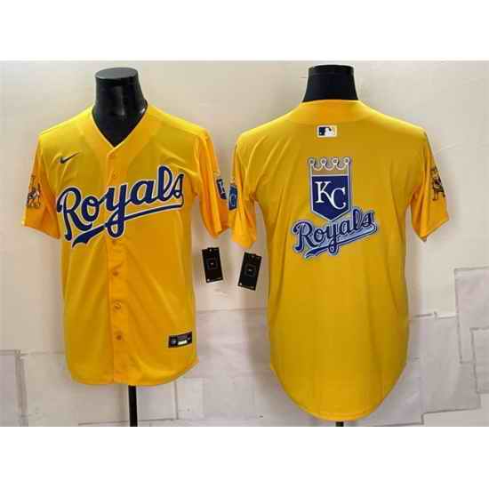 Men Kansas City Royals Team Big Logo Gold Sluggerrr Patch Vapor Limited Stitched Baseball Jersey 001