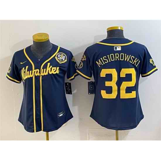 Women Milwaukee Brewers 32 Jacob Misiorowski Navy With Home  Bob Uecker Patch Limited Stitched Jersey