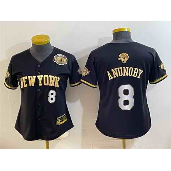 Women New York Knicks 8 OG Anunoby Black Gold 2026 Finals  Eastern Conference Champions Patch Stitched Baseball Jersey