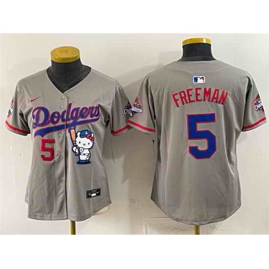 Women Los Angeles Dodgers  5 Freddie Freeman Grey Hello Kitty Night 2025 World Series Champions Patch Stitched Baseball Jersey