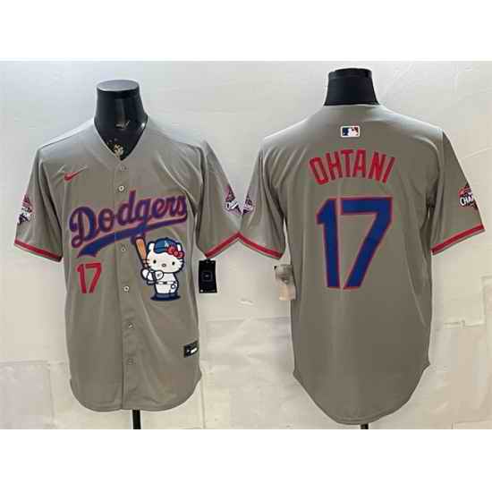 Men Los Angeles Dodgers  17 Shohei Ohtani Grey Hello Kitty Night 2025 World Series Champions Patch Stitched Baseball Jersey