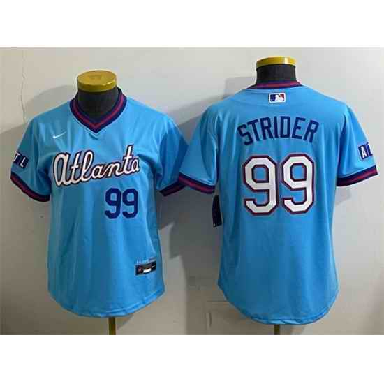 Women Atlanta Braves 99 Spencer Strider Powder Blue 2026 City Connect Stadium Stitched Baseball Jersey