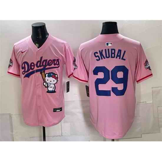 Men Los Angeles Dodgers  29 Tarik Skubal Pink Hello Kitty Night 2025 World Series Champions Patch Stitched Baseball Jersey