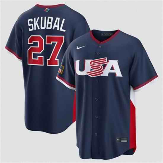 Men USA Baseball  27 Tarik Skubal Navy 2026 World Baseball Classic Road Stadium Stitched Jersey