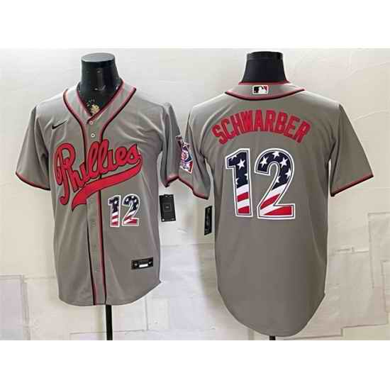 Men Philadelphia Phillies  12 Kyle Schwarber Gray 2026 Field of Dreams USA 250 Fourth of July Stadium Stitched Baseball Jersey