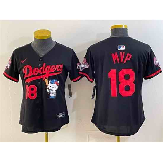 Women Los Angeles Dodgers  18 MVP Black Hello Kitty Night 2025 World Series Champions Patch Stitched Baseball Jersey