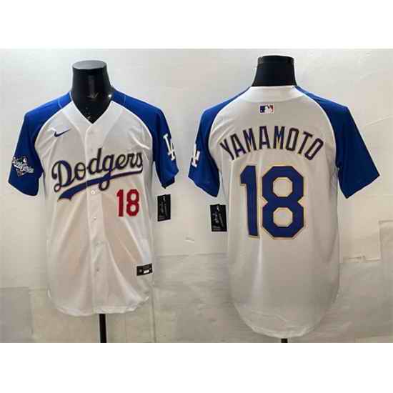 Men Los Angeles Dodgers 18 Yoshinobu Yamamoto White Royal 2025 World Series Patch Limited Stitched Baseball Jersey