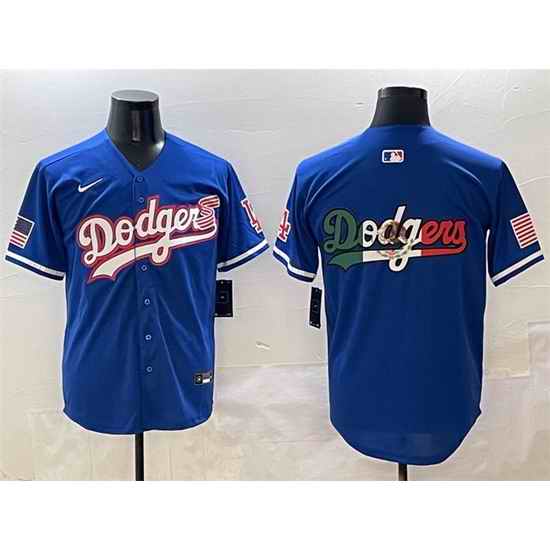 Men Los Angeles Dodgers Team Big Logo Royal With American Flag Patch Limited Stitched Baseball Jersey