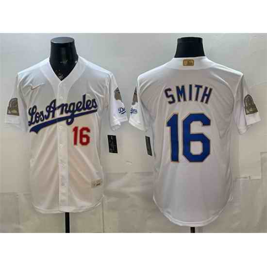 Men Los Angeles Dodgers  16 Will Smith White 2026 Gold Collection 9x   B2B Champs Patch Stitched Baseball Jersey
