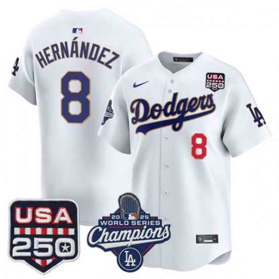 Men Los Angeles Dodgers 8 Kike Hernandez White 2025 World Series Champions 250 America Patch Stitched Baseball Jersey