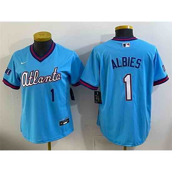Women Atlanta Braves 1 Ozzie Albies Powder Blue 2026 City Connect Stadium Stitched Baseball Jersey