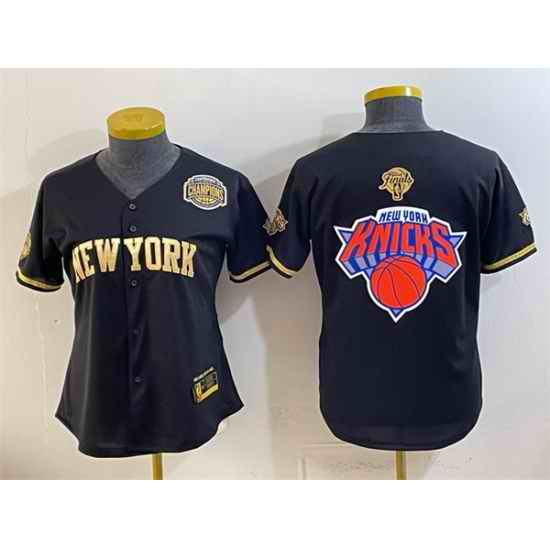 Women New York Knicks Team Big Logo Black Gold 2026 Finals  Eastern Conference Champions Patch Stitched Baseball Jersey