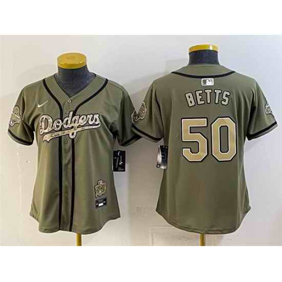 Women Los Angeles Dodgers  50 Mookie Betts Olive 2026 Military Appreciation Game Day Stitched Baseball Jersey