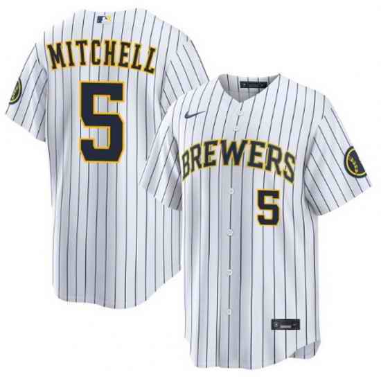 Men Milwaukee Brewers Garrett Mitchell #5 Home White Strips Stitched Limited Jersey