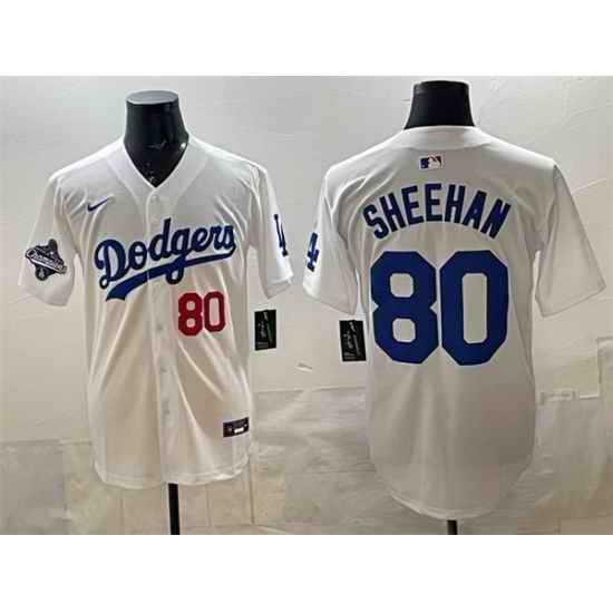 Men Los Angeles Dodgers 80 Emmet Sheehan White 2025 World Series Champions Patch Limited Stitched Baseball Jersey