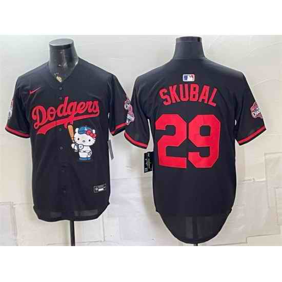 Men Los Angeles Dodgers  29 Tarik Skubal Black Hello Kitty Night 2025 World Series Champions Patch Stitched Baseball Jersey