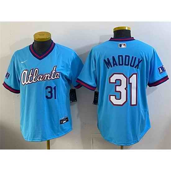 Women Atlanta Braves 31 Greg Maddux Powder Blue 2026 City Connect Stadium Stitched Baseball Jersey