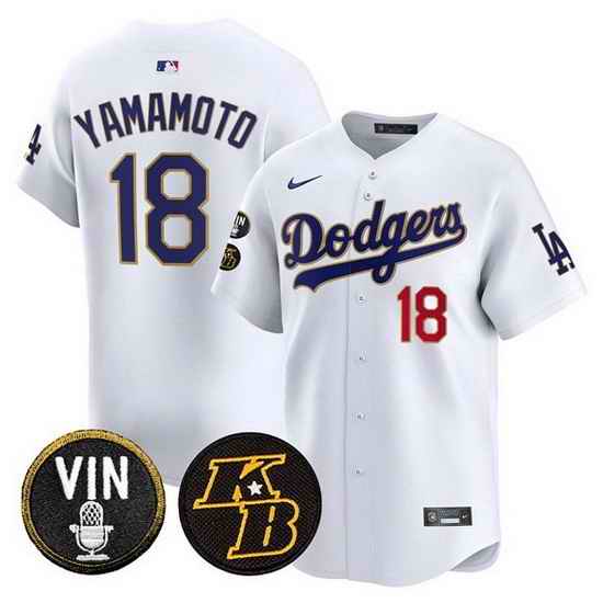 Men Los Angeles Dodgers  18 Yoshinobu Yamamoto White 2026 Vin   Kobe Patch Gold Trim Vapor Premier Limited Stitched Baseball Jersey