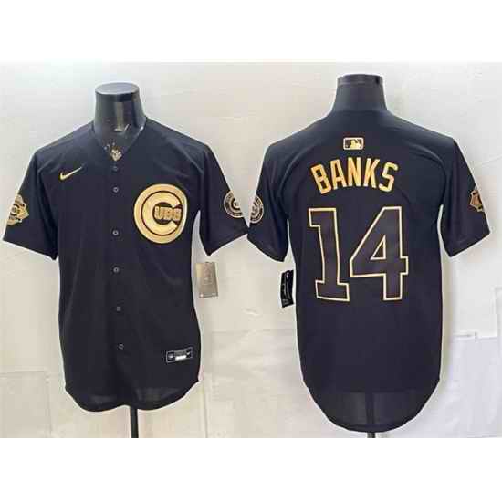 Men Chicago Cubs  14 Ernie Banks Black Gold 150th Anniversary Patch Stitched Baseball Jersey