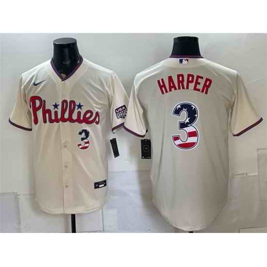 Men Philadelphia Phillies  3 Bryce Harper Cream USA 250 Fourth of July Home Stitched Baseball Jersey