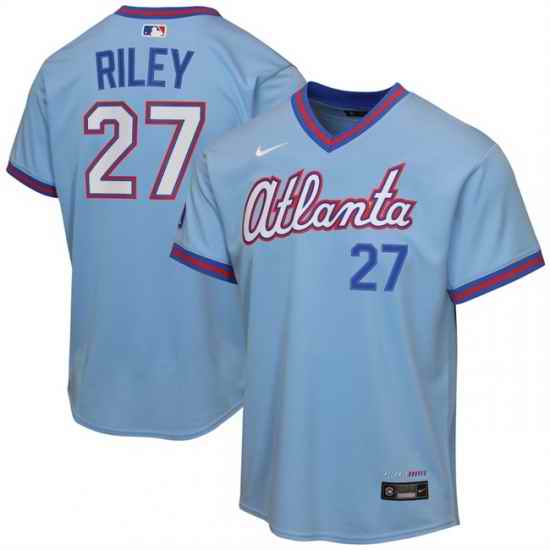 Youth Atlanta Braves  27 Austin Riley Powder Blue 2026 City Connect Stadium Stitched Baseball Jersey
