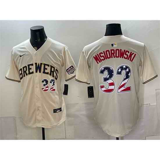 Men Milwaukee Brewers 32 Jacob Misiorowski Cream 2026 USA 250 Fourth of July Home Stadium Stitched Baseball Jersey