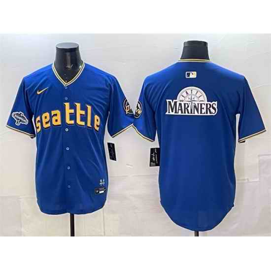 Men Seattle Mariners Team Big Logo Royal With 2025 AL West Division Champions Patch City Connect Limited Stitched Baseball Jersey 1